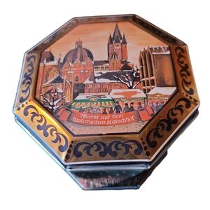Octagonal Decorative Tin with Historic Market Scene